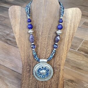 Bocar Blue & Silver Tone Beaded Pendant Statement Necklace w/ Extender